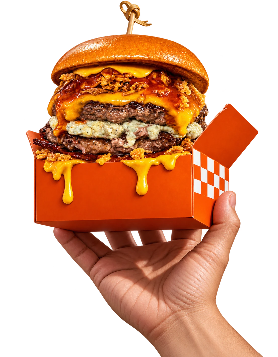 Composição ilustrativa de burger em embalagem laranja, segurado por uma mão